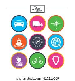 Navigation, gps icons. Windrose, compass and map pointer signs. Bicycle, ship and car symbols. Classic simple flat icons. Vector