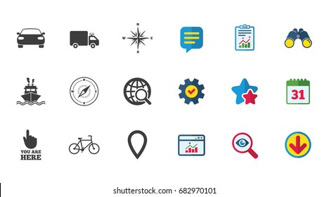 Navigation, gps icons. Windrose, compass and map pointer signs. Bicycle, ship and car symbols. Calendar, Report and Download signs. Stars, Service and Search icons. Statistics, Binoculars and Chat