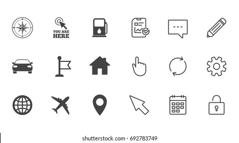 Navigation, gps icons. Windrose, compass and map pointer signs. Car, airplane and flag symbols. Chat, Report and Calendar line signs. Service, Pencil and Locker icons. Click, Rotation and Cursor