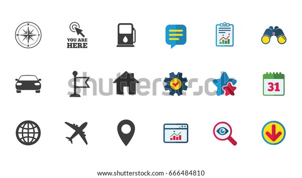 Navigation, gps icons. Windrose, compass and map\
pointer signs. Car, airplane and flag symbols. Calendar, Report and\
Download signs. Stars, Service and Search icons. Statistics,\
Binoculars and\
Chat