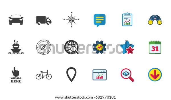 Navigation, gps icons. Windrose, compass and map\
pointer signs. Bicycle, ship and car symbols. Calendar, Report and\
Download signs. Stars, Service and Search icons. Statistics,\
Binoculars and\
Chat