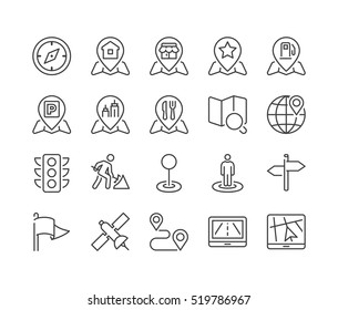 navigation and gps locations thin line icon set, black color, isolated