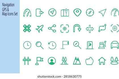Navigation GPS and Map Icons Set – Flat Vector UI Icons Collection with Compass, Location Pin, Route, Travel, Search, Transport and Nature Symbols