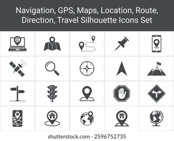 Navigation, GPS, Maps, Location, Direction, Travel, Route, Silhouette Symbols icons Set Vector