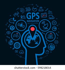 Navigation GPS routing system. The design concept flat icons in circular composition, Earth and geotag inside a human head.