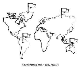 navigation gps world map with pointers flags