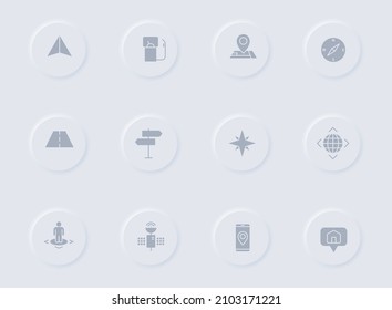 navigation gray vector icons on round rubber buttons. navigation icon set for web, mobile apps, ui design and promo business polygraphy