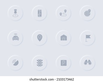 navigation gray vector icons on round rubber buttons. navigation icon set for web, mobile apps, ui design and promo business polygraphy