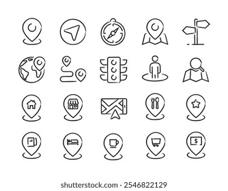 Iconos de línea de estilo de boceto de doodle dibujado a mano de navegación