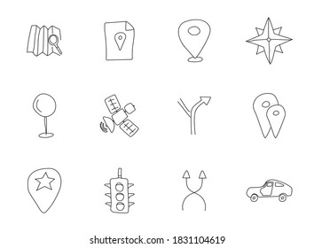 navigation hand drawn linear vector icons isolated on white background. navigation doodle icon set for web and ui design, mobile apps and print products