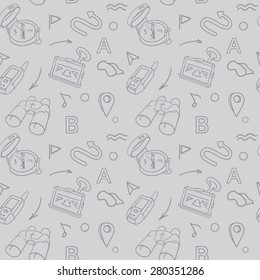 Navigation hand drawn seamless pattern with car Navigator, binoculars, compass and road signs. Vector illustration