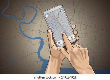 Navigation in hand Mobile Phone Navigation in hand on map background