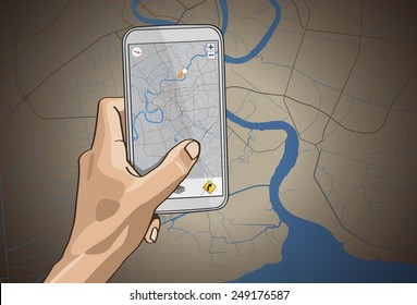 Navigation in hand Mobile Phone Navigation in hand on map background