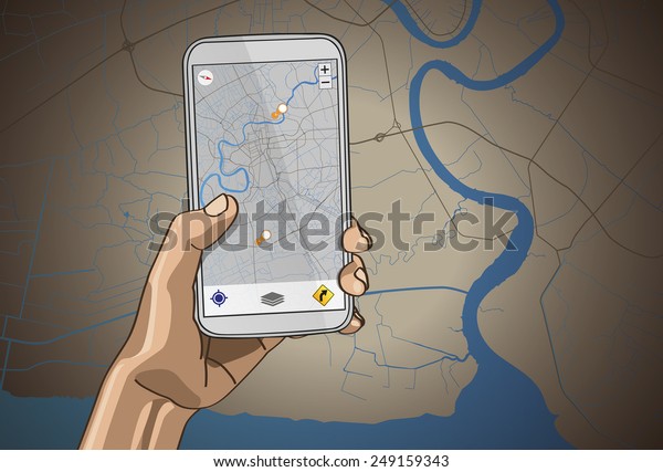 Navigation in hand Mobile Phone Navigation in\
hand on map\
background