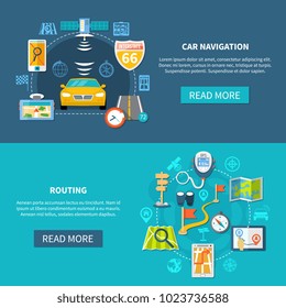 Navigation horizontal banners with compositions of isolated global positioning related images and pictograms with read more button vector illustration