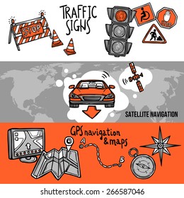 Navigation horizontal hand drawn banner set with traffic signs gps and maps elements isolated vector illustration