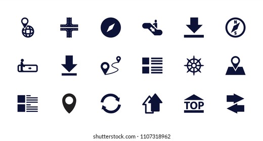 Navigation icon. collection of 18 navigation filled icons such as escalator, road, menu, compass, top of cargo box, pin on globe. editable navigation icons for web and mobile.