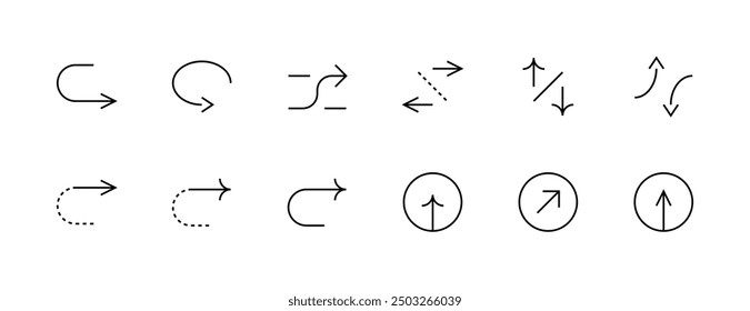 Navigation icon collection. Direction arrows, navigation, right curved, shuffle, up, turn right, different direction, waypoint and more. Editable stroke. Pixel Perfect. Grid base 32 x 32.