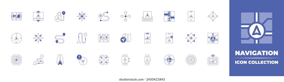 Navigation icon collection. Duotone style line stroke and bold. Vector illustration. Containing route, directions, compass, navigation, distance, cardinal point, error, navigator.