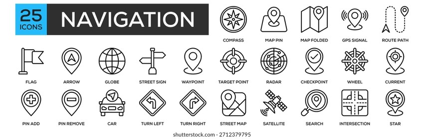 Conjunto de Colección de iconos de navegación. Con Diseño De Brújula, Pin Del Mapa, Mapa Plegado, Señal De GPS, Ruta De Acceso
