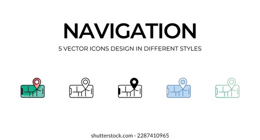 Navigation Icon Design in Five style with Editable Stroke. Line, Solid, Flat Line, Duo Tone Color, and Color Gradient Line. Suitable for Web Page, Mobile App, UI, UX and GUI design.