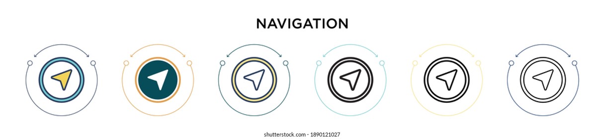 Navigation icon in filled, thin line, outline and stroke style. Vector illustration of two colored and black navigation vector icons designs can be used for mobile, ui, web