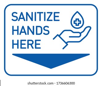 navigation icon indicating the location of the wall dispenser with sanitizer for disinfection hands prevention from coronavirus covid 19, sanitize hands here with drop of antiseptic in palm hand icon