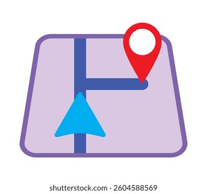 Navigation. Icon with map and red pointer and blue arrow. GPS navigation, route, movement and location search. Travel and tourism. EPS 10. Vector illustrations