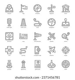 Paquete de iconos de navegación para el diseño del sitio web, logotipo, aplicación e interfaz de usuario. Diseño del contorno del icono de navegación. Ilustración gráfica vectorial y trazo editable.