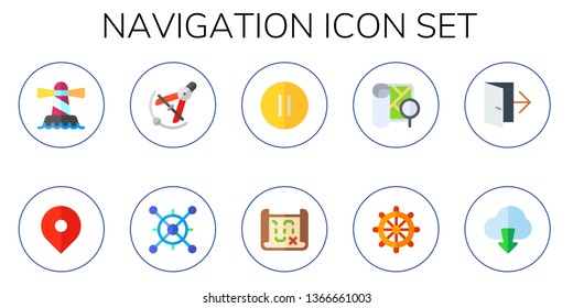 navigation icon set. 10 flat navigation icons.  Simple modern icons about  - lighthouse, pin, Compass, share, pause, treasure map, map, Helm, exit, download