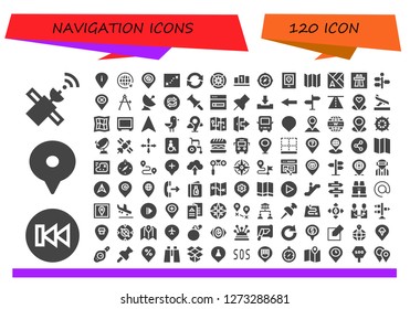  navigation icon set. 120 filled navigation icons. Simple modern icons about  - Satellite, Previous, Location, Placeholder, Travel, Map, Refresh, Wind rose, Position, Compass