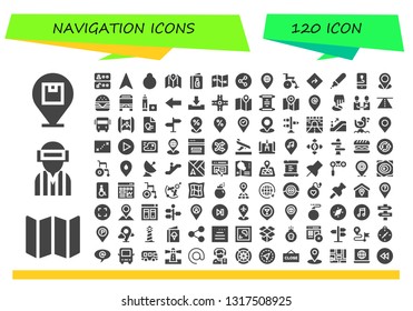 navigation icon set. 120 filled navigation icons.  Simple modern icons about  - Placeholder, Map, Player, Access, Navigation, Location, Menu, Share, Pin, Wheelchair, Direction