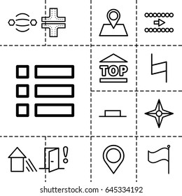 Navigation icon. set of 13 outline navigationicons such as road, top of cargo box, location pin, flag, music pause, pause, arrow up, door warning, map location, compass, arrow