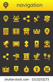 navigation icon set. 26 filled navigation icons.  Collection Of - Pin, Placeholder, Pins, Share, Satellite, Signpost, Gps, Bus, Location, Big screen, Scroll, Arrow, Reporter icons
