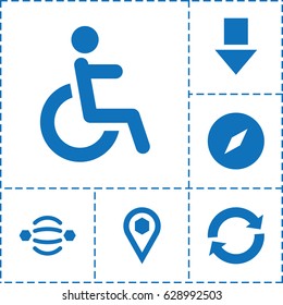 Navigation icon. set of 6 navigation filled icons such as disabled, location, reload, atom interaction, compass