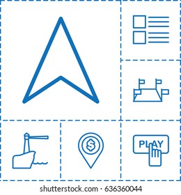 Navigation icon. set of 6 navigation outline icons such as finger pressing play button, navigation arrow, lighthouse, menu, dollar location
