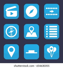 Navigation icon. set of 9 filled navigation icons such as location pin, music pause, menu, balloon, play, arrow