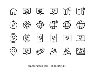 Navigation icon set, adjustable line weight location, map, route, pin, compass, destination, travel, geography icons, label, mark, marker collection vector, graphic, stroke, outline, address