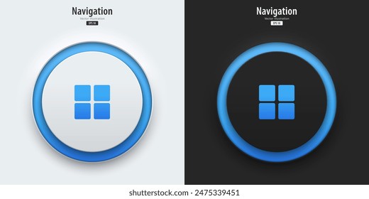 Navigation icon. A set of black and white buttons have blue neon lights with navigation symbols. 3D icon in trendy neumorphic style for apps, websites, interfaces. UI UX elements. Vector illustration.