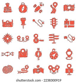 Navigation icon set in comic style. Gps direction cartoon vector illustration on white isolated background. Locate pin position splash effect business concept.