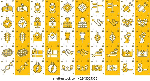 Navigation icon set in comic style. Gps direction cartoon vector illustration on white isolated background. Locate pin position splash effect business concept.