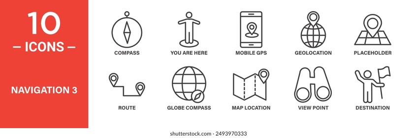 Navigation icon set. Compass, you are here, mobile gps, geolocation, placeholder, icons. Outlined icon collection. Vector illustration.
