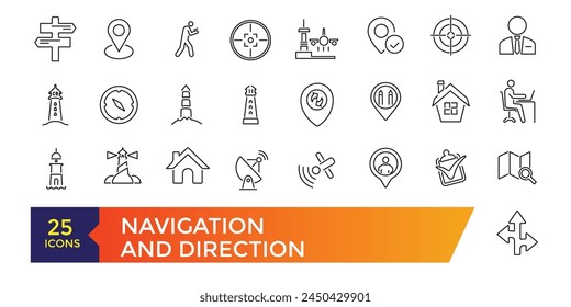 Navigation icon set. Containing map, destination, directions, distance, place, navigation and address icons. Solid icons vector collection.