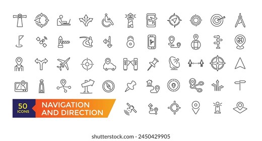 Navigation icon set. Containing map, destination, directions, distance, place, navigation and address icons. Solid icons vector collection.