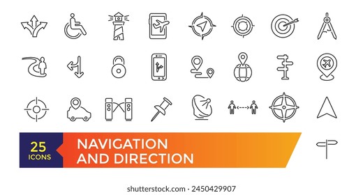 Navigation icon set. Containing map, destination, directions, distance, place, navigation and address icons. Solid icons vector collection.