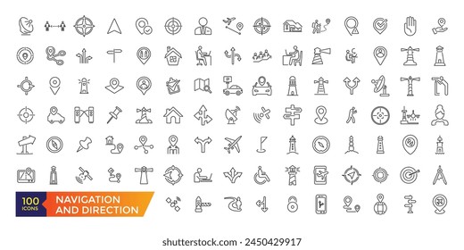 Navigation icon set. Containing map, destination, directions, distance, place, navigation and address icons. Solid icons vector collection.