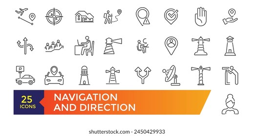 Navigation icon set. Containing map, destination, directions, distance, place, navigation and address icons. Solid icons vector collection.