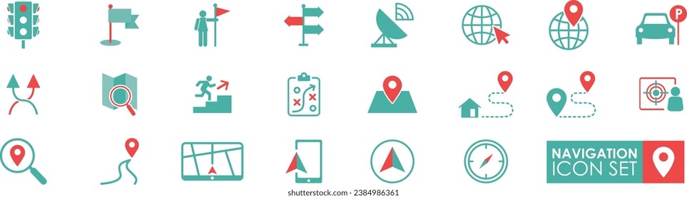 Navigation icon set. It contains a map, map pin, GPS, distance,  destination, directions, Traffic light, Road, place, navigation, and address icons. Solid icons vector collection.