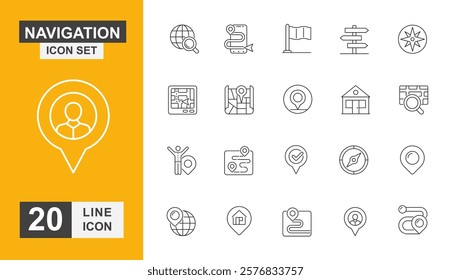 Navigation icon set. Direction, connection, internet, map, sharing and more line icon