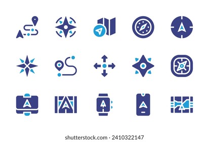 Navigation icon set. Duotone color. Vector illustration. Containing route, directions, compass, navigation, distance, cardinal point, navigator.